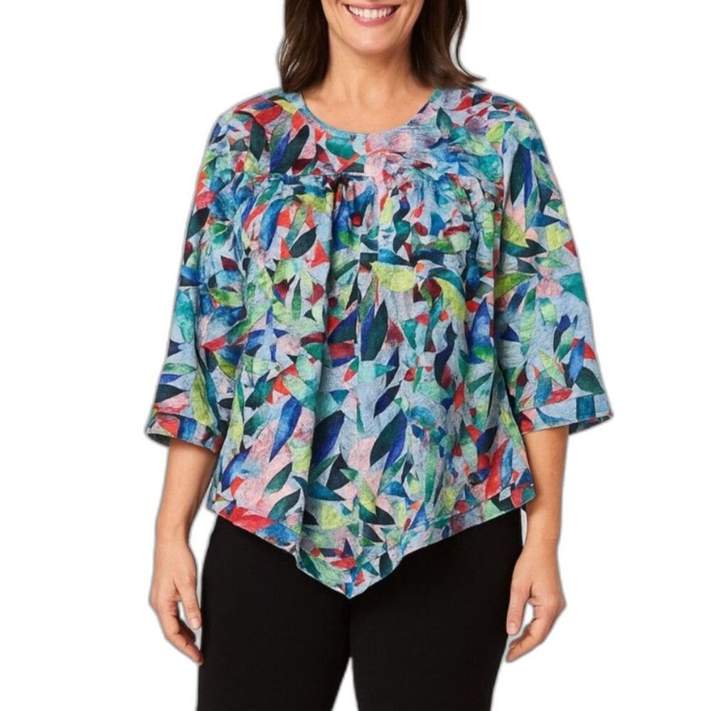 Soft Surroundings Blue Watercolor Leaf Print Gauze 3/4 Sleeve Tunic Top Size PM